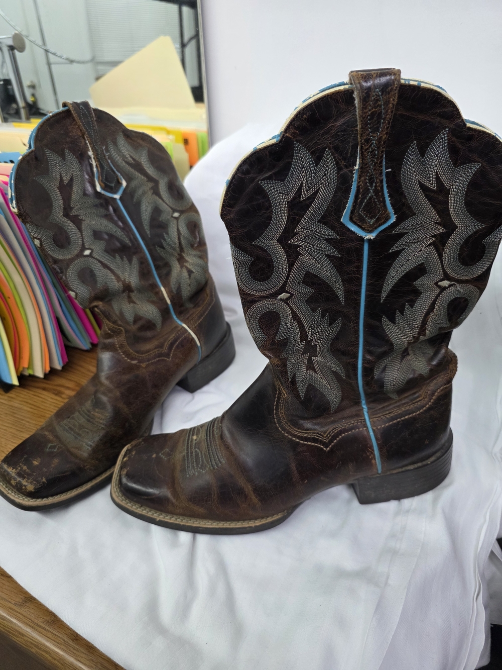 Ariat Dark Brown Leather Western Boots with Turquoise Trim